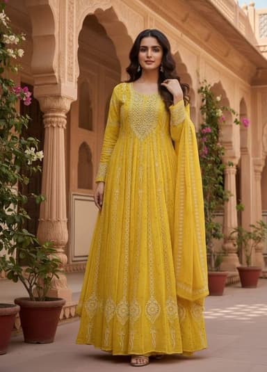 Woman wearing a yellow floor-length Anarkali gown with gold embroidery and a matching dupatta