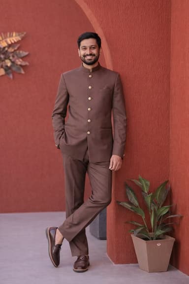 Man wearing a brown bandhgala suit