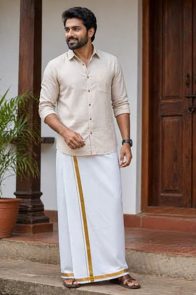 Man wearing a white dhoti with a gold border and a linen shirt