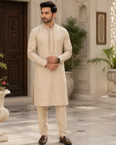 Man wearing a cream embroidered kurta