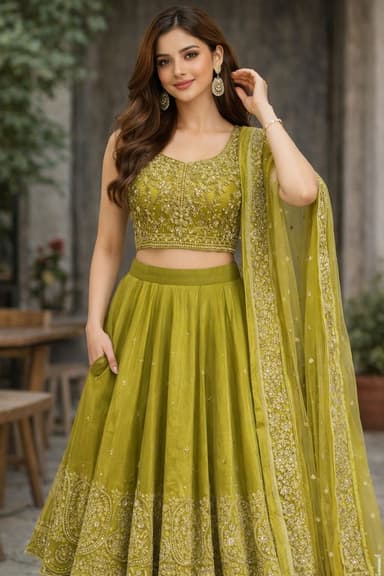 Woman wearing an olive-green embroidered lehenga with dupatta