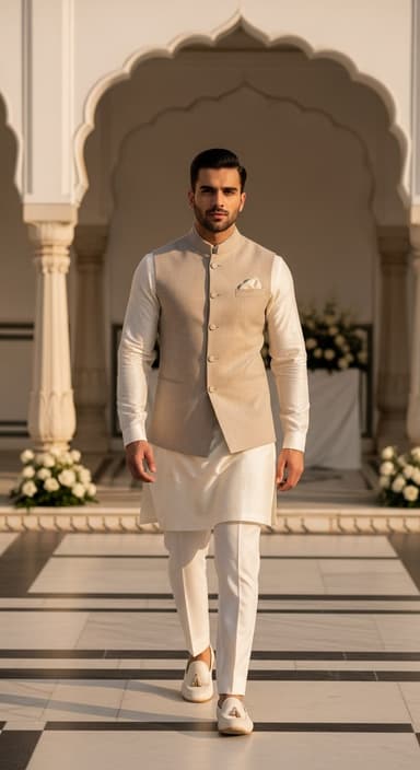 Man wearing a cream Nehru jacket over a kurta