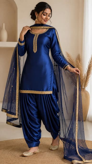 Woman wearing a royal-blue Panjabi suit with patiala salwar and a net dupatta