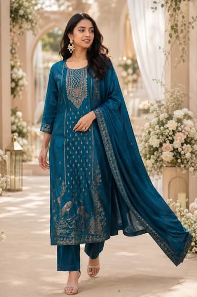 Woman wearing a teal salwar kameez with a matching dupatta