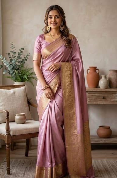 Woman wearing a mauve and gold silk saree